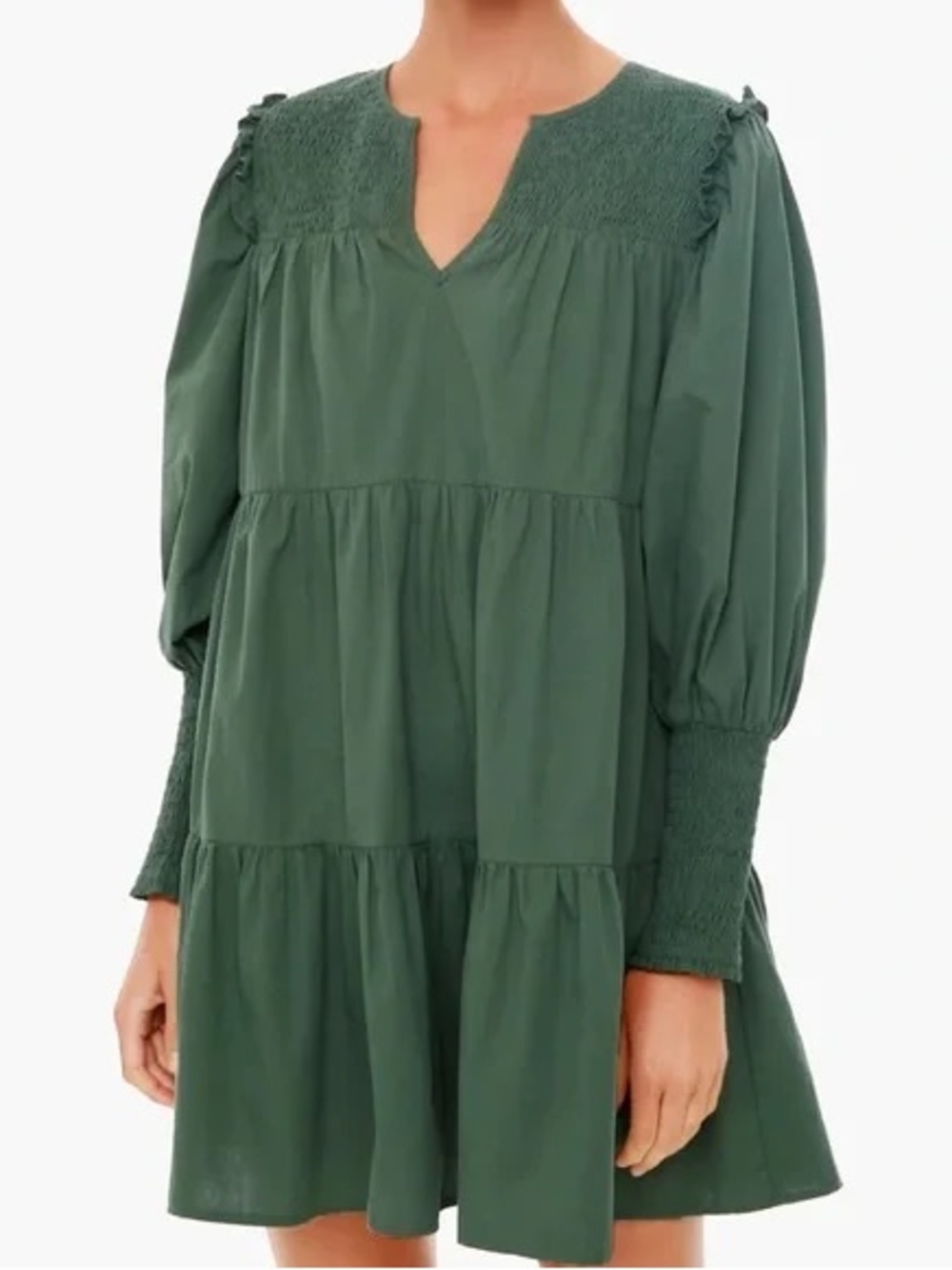 Pomander Place Forest Green Smocked Yoke Long Sleeve Tiered Dress